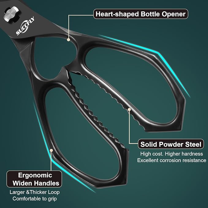 SUCCFLY Heavy Duty Kitchen Scissors for Food Titanium Plated Black 8.8 Inch | Premium Kitchen Shears, Ultra Sharp 5CR15 Detachable Blade, All-Steel & Anti-Slip Poultry Shears, All Purpose Scissors