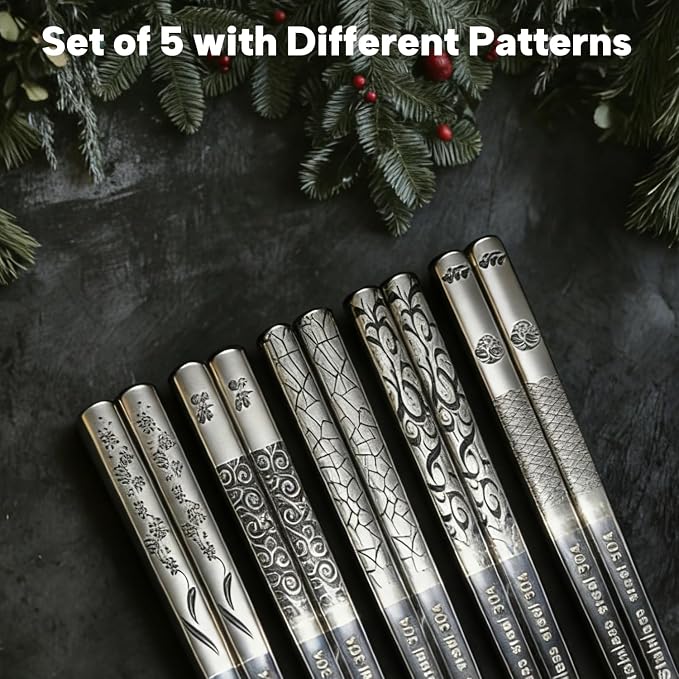 Reusable Metal Chopsticks Stainless Steel 18/8 Laser Engraved Non-Slip Korean Japanese Elegant Gift Box Dishwasher Safe 5 Pairs