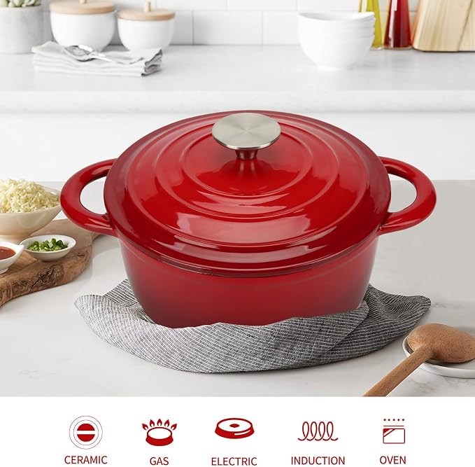 5 QT Enameled Cast Iron Dutch Oven with Self-Basting Lid, Heavy Duty Enamel Coated Soup Pot for Slow Cooking, Stews, Roasts & Bread Baking, Moisture Retention Cooking Pot, Oven Safe to 500°F