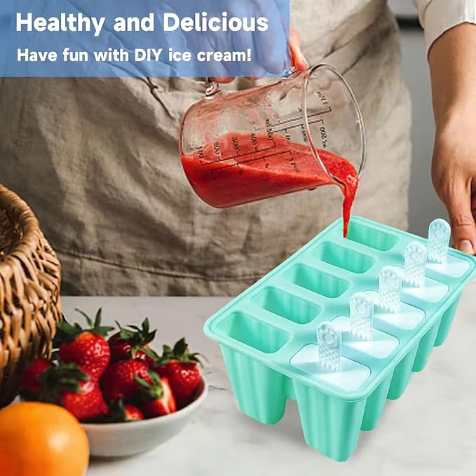 Popsicles Molds, 10 Pieces Silicone Ice Pop Molds with 10 Sticks BPA Free Popsicle Molds Reusable Easy Release Ice Popsicle Maker, Green
