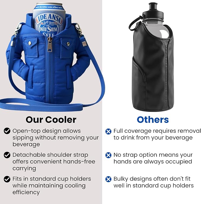 Gadgetime USA - 12oz Insulated Can Cooler Jacket (Blue)- Beverage Holder with Detachable Strap - Beer/Soda Carrier - Can Holder with Shoulder Strap - Insulated Sleeve - Funny Gift for Friends & Family