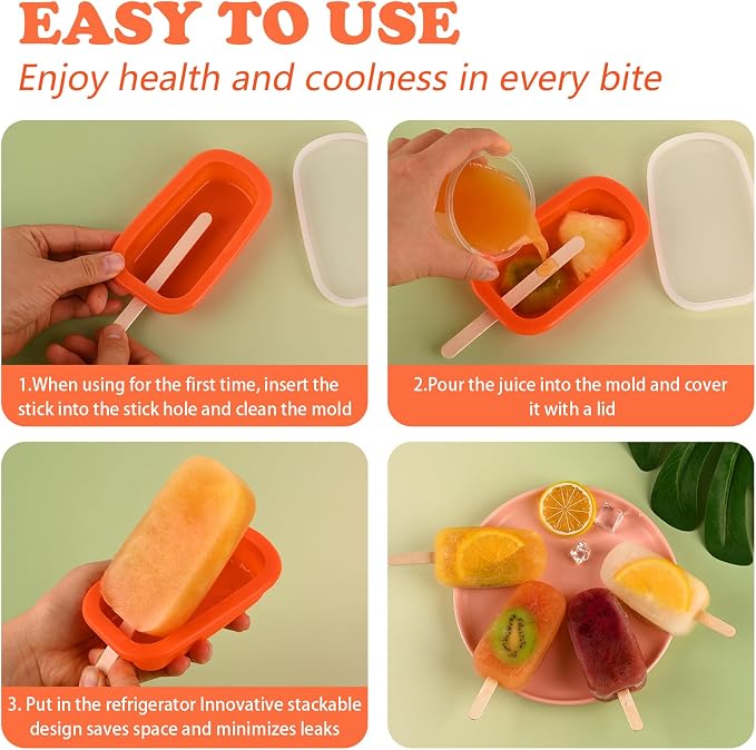 Sakolla 4 Pcs Silicone Popsicle Molds with Lid & 50 Pcs Wooden Popsicle Sticks, Stackable Classic Oval Ice Cream Molds for Homemade Ice Pop, Cakesicles, Freezer Yogurt and Fruit Juice (Multicolor)