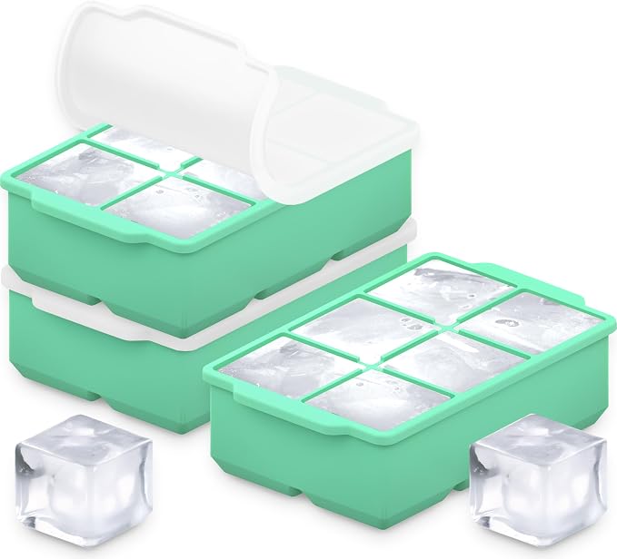 KitchFort® Large Silicone Ice Cube Tray (3-Pack), Easy Release 2" Big Ice Cubes - Cocktail, Whiskey Ice Cubes Mold - Ice Trays for Freezer with Lid - Stackable Silicone Ice Tray - Green