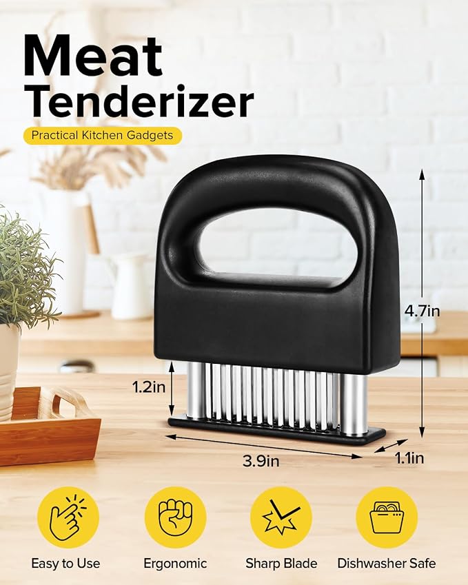 Meat Tenderizer Tool with 48 Stainless Steel Ultra Sharp Blades | Stapler Design, Handheld, Meat Mallet Tenderizer Machine, Tenderizing Steak, Beef, Pork, Turkey, Fish, Poultry, Black
