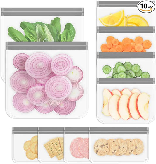 10 Pack Reusable Gallon Freezer Bags, Grey | Dishwasher Safe Silicone Food Snack Storage Bags with 3 Sizes for Snack, Sandwich, Lunch