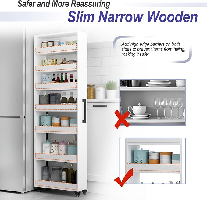 7-Tier Slim Storage Cart, Wooden Rolling Pantry Cabinet with Wheels, Narrow Shelf Organizer for Kitchen, Bakers Rack, Dining Room, Closet, Small Spaces Warm White 47.2" H*5.9" W*16.9" D