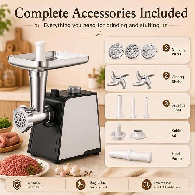 3200W Max Electric Meat Grinder & Sausage Stuffer - Mincer Machine with Tool 2 Blade And 3 Plates, 3 Tubes & Kubbe Kit Tool for Home Kitchen Use（Black）