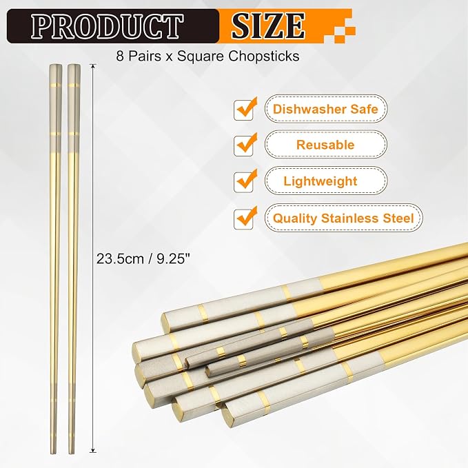 uxcell 8 Pairs Stainless Steel Chopsticks, 23.5cm / 9.25 Inch Metal Chop Sticks Square Lightweight Chopsticks Tableware Accessories Bulk for Home Kitchen Hot Pot Cooking, Gold Tone
