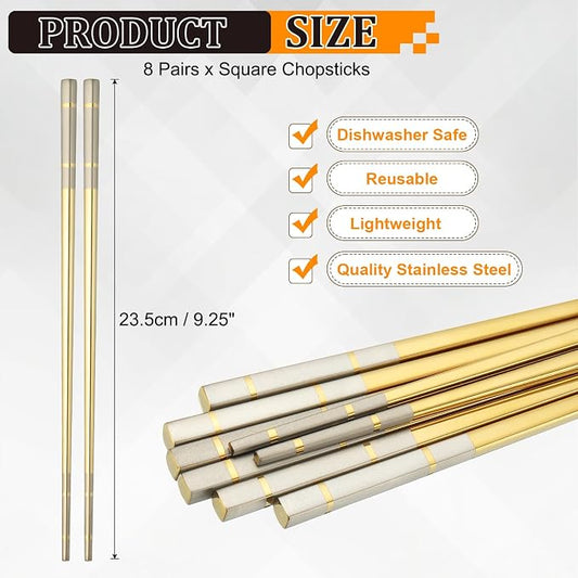 uxcell 8 Pairs Stainless Steel Chopsticks, 23.5cm / 9.25 Inch Metal Chop Sticks Square Lightweight Chopsticks Tableware Accessories Bulk for Home Kitchen Hot Pot Cooking, Gold Tone
