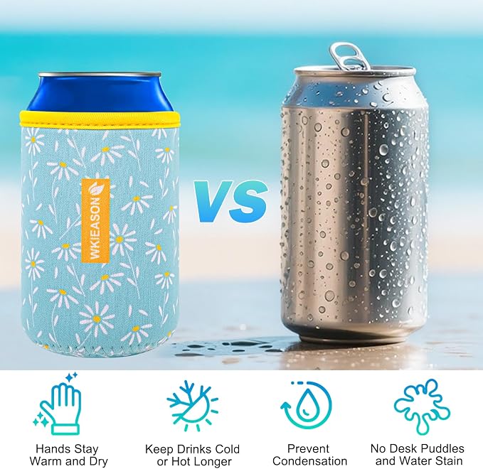 WKieason Neoprene Can Sleeves Insulators Beer Coozies 3 Size - 12OZ Standard Can Sleeve, 12OZ Slim Can Sleeve 16OZ Standard Can Sleeve, 12OZ Standard Beer Can Coolers Coolier Sleeves(Small Daisy Blue)