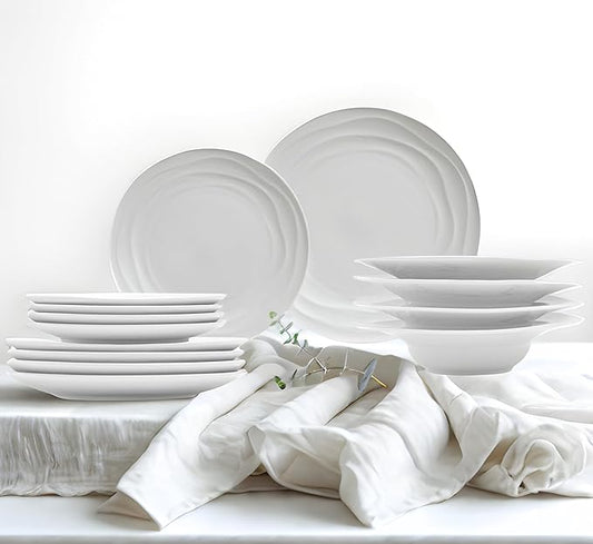 Pots & Patterns White Dinner Plates. Porcelain Dinnerware Set for 4-12-Piece Chip Resistant Plates and Bowls Sets