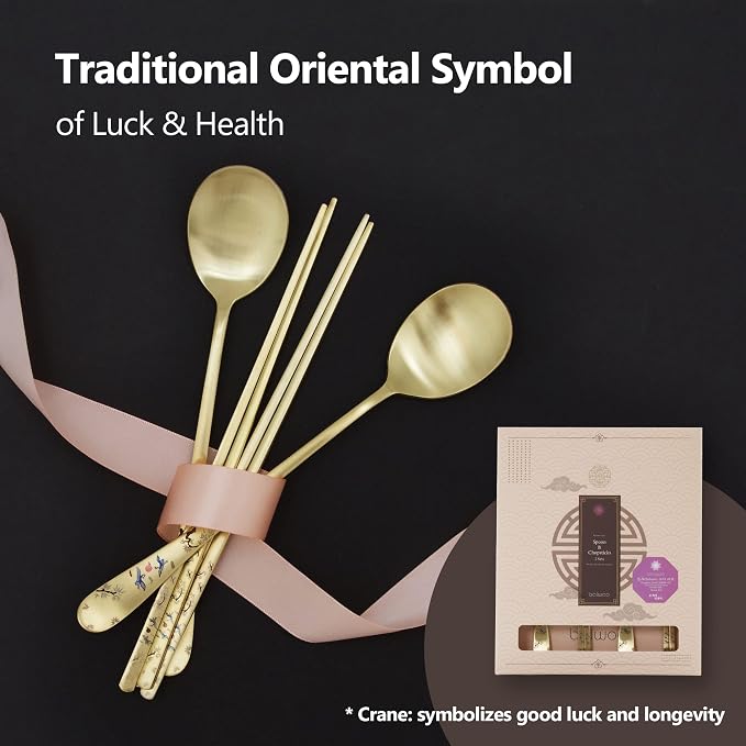 [2 Sets] [Made in Korea] Crane Painting Design Korean Table Sticky Rice Spoon and Chopsticks 304 Stainless Steel Gold Titanium Plated Mukbang Cutlery