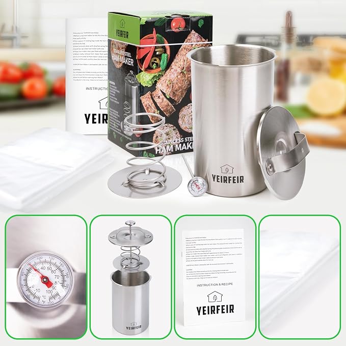 Deli Meat Press and Ham Maker - 304 Stainless Steel Lunch Meat Press with Thermometer, 20 Cooking Bags & Recipes - Healthy Homemade Cooking Tool for Ham &Deli Lunch Meat Making