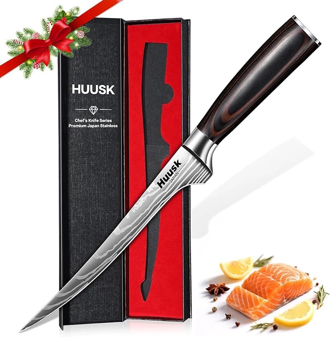 Huusk Fillet Knife for Meat with Wood Handle, Flexible Filet Knife for Fish | 7 Inch Japanese Stainless Steel Boning Knife for Chicken & Meat Processing, Comfortable Grip Handle, Gifts for Men