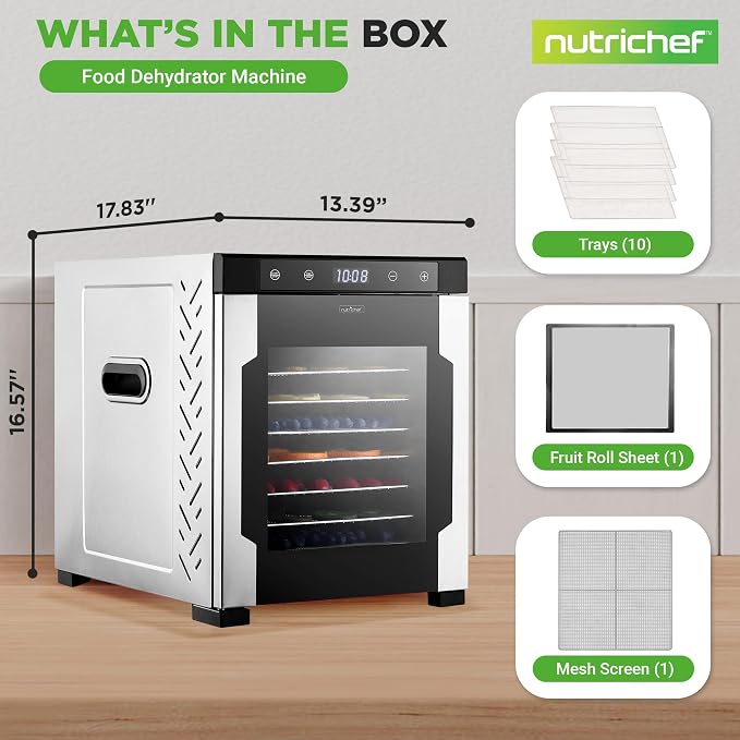 NutriChef Electric Countertop Food Dehydrator -900-Watt Premium Multi-Tier Meat Beef Jerky Maker Fruit/Vegetable Dryer w/10 Shelf Stainless Steel Trays,Digital Timer,Temperature Control-NCFD10S