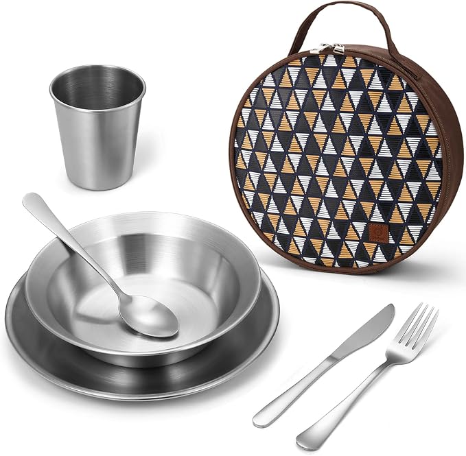 Odoland Stainless Steel Camping Mess Kit for Family & Person | Cooking Tableware Utensils with Plates Bowls Forks Spoons Knives & Savings Bag for Camping, Backpacking, Hiking, Picnic