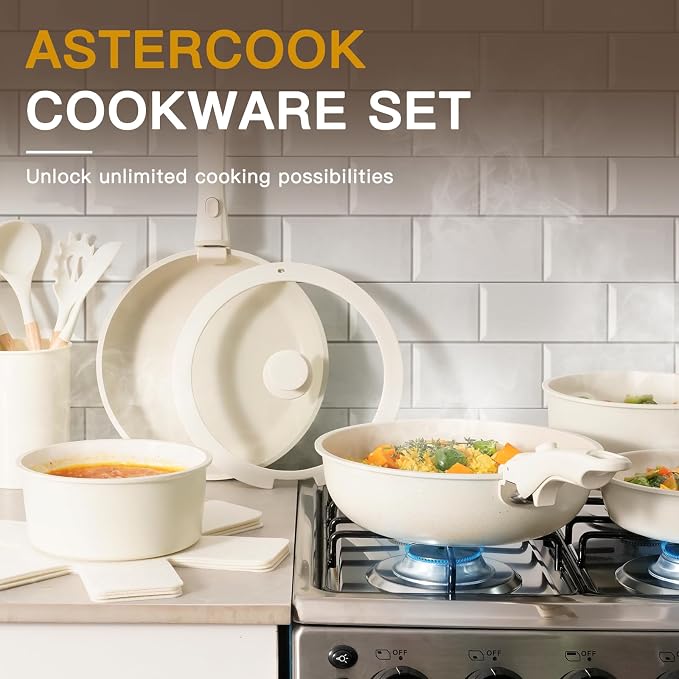Astercook 21 Pcs Pots and Pans Set Non Stick, Ceramic Cookware Set Detachable Handle, RV Kitchen Cooking Set Removable Handles, Oven Safe, Induction Ready, Stackable, Cream, Fathers Day Gift for Men
