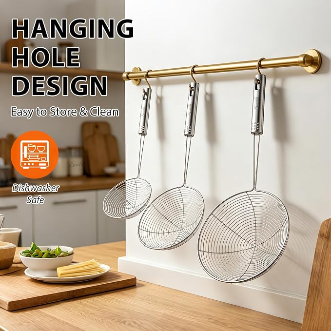 Swify Spider Strainer Set of 3 Asian Strainer Ladle Stainless Steel Wire Skimmer Spoon with Handle for Kitchen Frying Food, Pasta, Spaghetti, Noodle-30.5cm, 32cm, 35cm