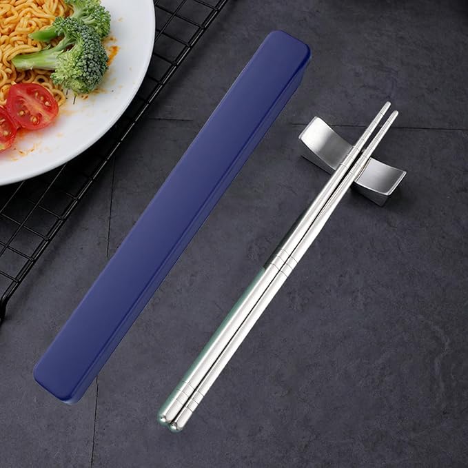 Stainless Steel Metal Chopsticks - 1 Pair Reusable with Pull Design Case - Portable Utensil for School, Home, Office, Camp, Travel & Bento Box (Dark Blue)