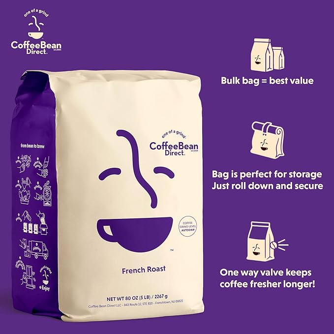 Coffee Bean Direct French Roast, Ground Coffee, Dark Roast, 5 Pound Bag (Pack of 1)