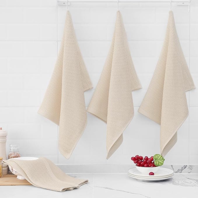 Homaxy 100% Cotton Oversized Waffle Weave Kitchen Towels, 3-Pack, Beige | 20 x 28 Inches, Ultra Soft Absorbent Dish Towels, Quick Drying Large Cleaning Towels