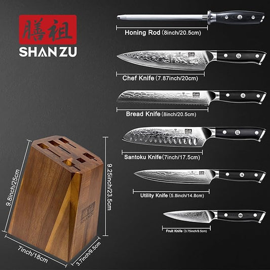 SHAN ZU Damascus Kitchen Knife Set, 7-Piece Professional Knife Sets for Chefs, Japanese Super Steel Damascus Kitchen Knife Set With G10 Handle Knife Block Set