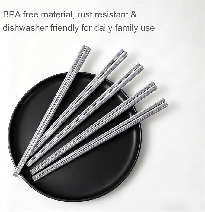 5 Pairs LeviLevo Metal Chopsticks Reusable, Chop Sticks for Sushi, Korean & Japanese Dining, Premium Dishwasher Safe Stainless Steel