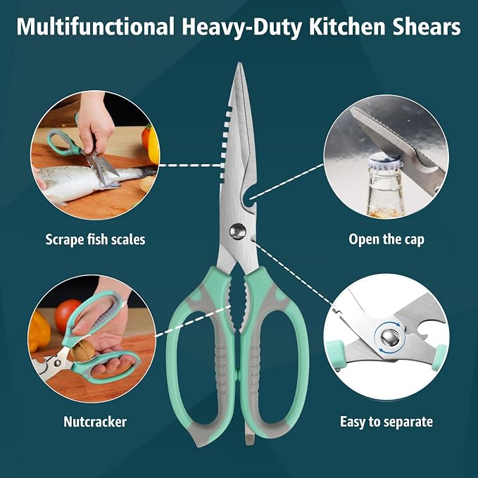 BoFuYuan Detachable Heavy Duty Kitchen Scissors for Food 9-Inch Green | Dishwasher Safe, Sharp Serrated Blade, Multifunctional, Ergonomic Non-Slip Handle, Multipurpose Cooking Food Cutting Shears