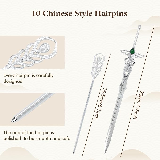 Lawie 10 Pack Silver Metal Hair Sticks Chopsticks Hair Pins Chinese Asian Hanfu Decorative Long Retro Hair Clips Snakes Swords Butterfly Jade Stone Vintage Hair Accessories for Women Girls
