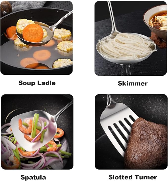 Wok Utensils for Carbon Steel, Stainless Steel Wok Spatula 17 Inch | Extra long wooden handle-Anti-scald;Wok Tools Professional Set;Great for home use and commercial use;