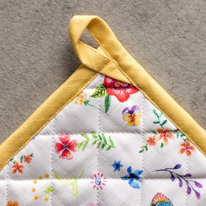Maison d' Hermine Pot Holders 100% Cotton Potholders (8" x 8", Pack of 2) | Heat Resistant Hot Pads with Loop BBQ Cooking Farmhouse Kitchen Handling Hot Pans Spring Summer - Happy Florals - Sweety