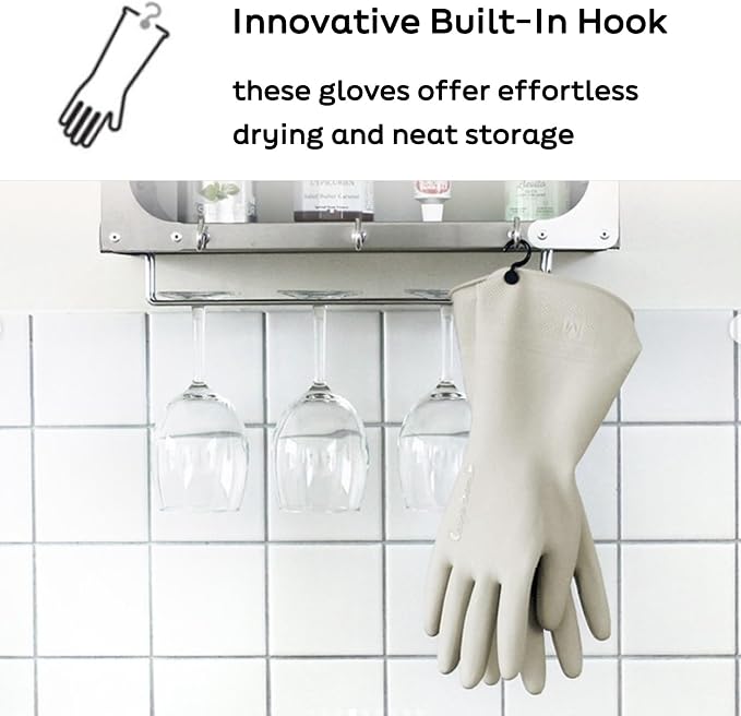 Myungjin 2 Pairs Reusable Waterproof Non-Slip Honeycomb Grip Latex Rubber Gloves with Hang-Dry Hooks/Hanging Loops for Dishwashing Household Cleaning Cooking (Medium OverFit)