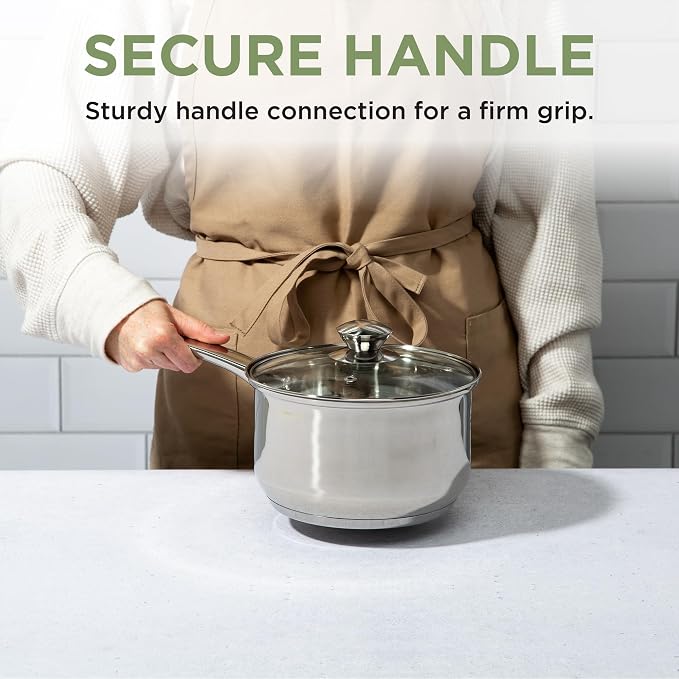 Ecolution Stainless Steel Sauce Pan, Encapsulated Induction Ready Cooking Pot with Glass Lid, Oven Safe, Dishwasher Safe Soup Pot, 3-Quart