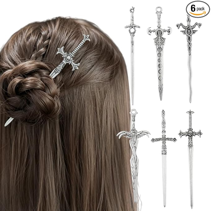 6PCS Sword Hair Pins for Women, Metal Hair Sticks Set, Decorative Hair Pins for Bun Updo, Fantasy Gothic Medieval Renaissance Hair Accessories, Hair Sticks for Long Thick Hair