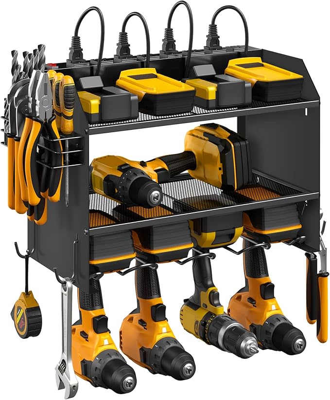 CCCEI Modular Power Tool Organizer Wall Mount with Charging Station. Garage Drill Storage Shelf with Hooks, Heavy Duty Rack, Tool Battery Holder Built in 8 Outlet. Gift for Men. Black, 1 Pack.