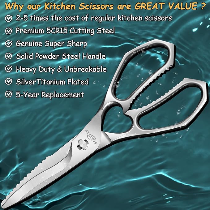 SUCCFLY Heavy Duty Kitchen Shears for Food, Titanium Plated Silver 8.8 Inch | Premium Kitchen Scissors, Ultra Sharp Detachable Blade, Ergonomic Steel Handle Meat Scissors, Poultry Shears Cooking Scissor