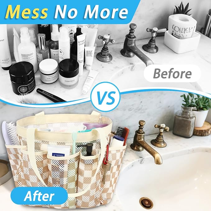 Fammart Mesh Shower Caddy Portable for College Dorm Room Essentials, Odorless Polyester Large Shower Tote Bag with Dual Handles, 8-Pocket Quick-Dry Toiletry Organizer for Travel, Beach, Camping, Gym