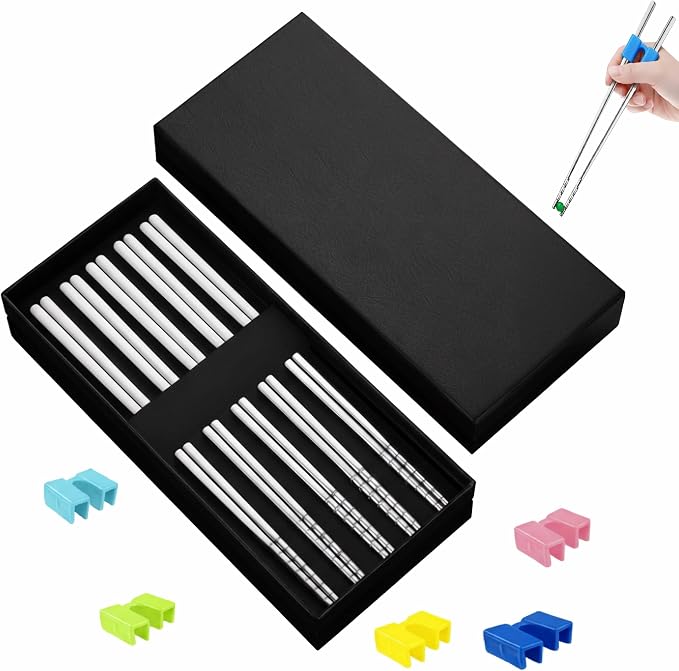 Metal Chopsticks with Training Chopstick Helpers - 18/8 Premium Reusable Non-Slip & Lightweight 9 1/4 Inch Stainless Steel Chopsticks, Dishwasher Safe, Furniture Kitchen Premium Gift Set (Silver)