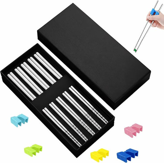 Metal Chopsticks with Training Chopstick Helpers - 18/8 Premium Reusable Non-Slip & Lightweight 9 1/4 Inch Stainless Steel Chopsticks, Dishwasher Safe, Furniture Kitchen Premium Gift Set (Silver)