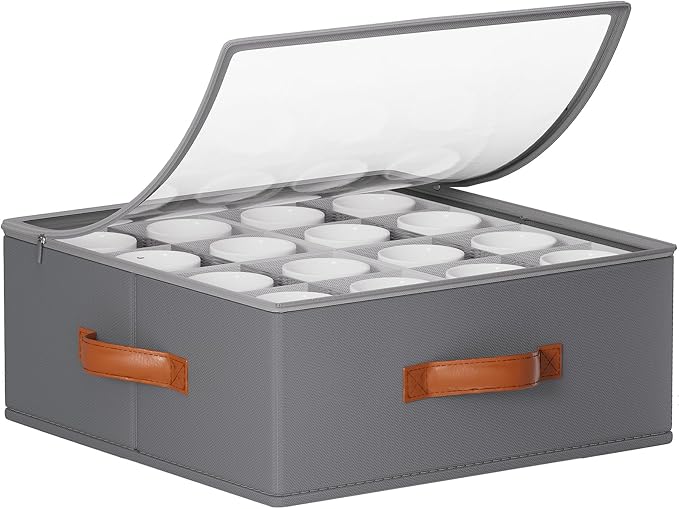 Foyego Cup and Mug Storage Box, Grey | 16 Adjustable Dividers, Hard Shell, with Transparent Lid, 3 Handles, Zippers, Stackable Storage Organizers for Packing&Moving