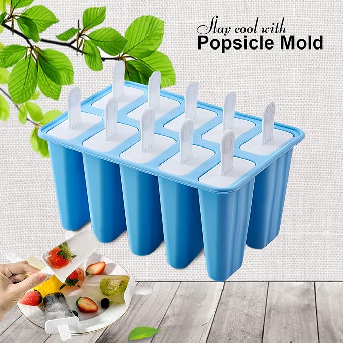 Silicone Popsicle Molds 10 Pcs Ice Pop Maker Molds with 10 Reusable Sticks, Cleaning Brush and Funnel - Homemade Easy-Release Reusable Popsicle Moulds Shapes (Blue)