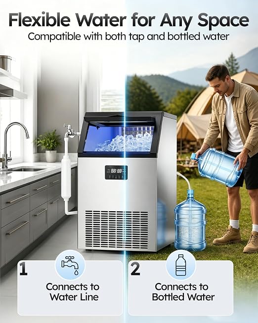 Commercial Ice Maker Machine, 150 lbs/24H Ice Production, 50 lbs Storage Bin, ETL Approval Stainless Steel Under Counter/Freestanding Ice Maker with Self-Cleaning, LED Light & Filter for Home, Bar