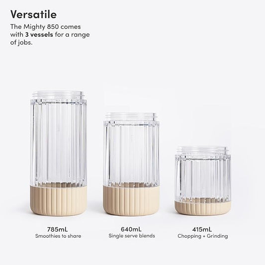Beast Mighty 850 Plus | Premium Compact Personal Blender | Smoothies, Shakes, Dressings, Sauces | Blends Ice and Frozen Fruit | New XL Vessel | Extra Vessels, Lids and Straws | 850W (Sand)