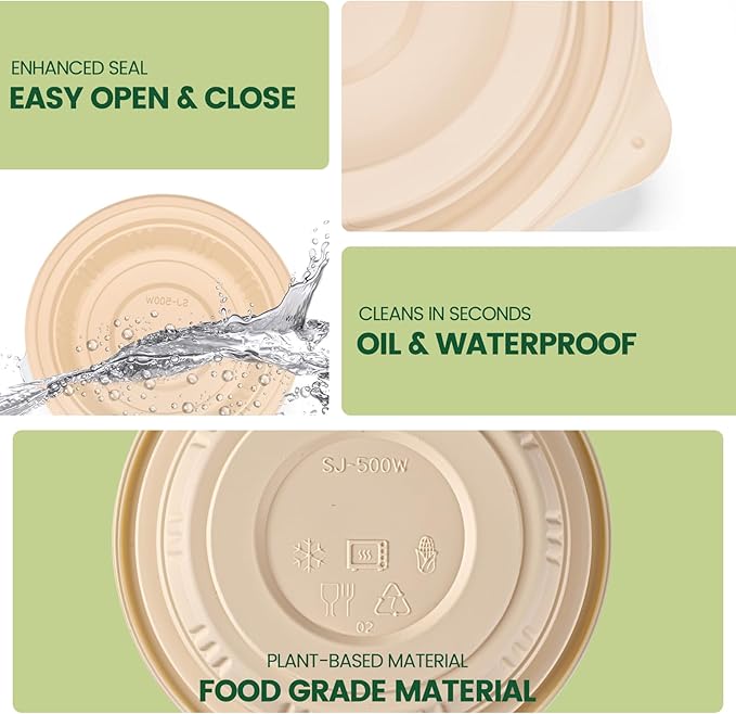 100 Piece (50 Pack) Meal Prep Bowl Containers with Lids, Cornstarch Round Food Containers for Lunch Salad Deli Soup, BPA Free Plant-based Take Out Containers Microwave & Freezer Safe, 16 oz