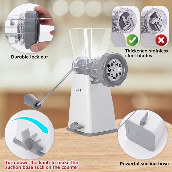 Manual Meat Grinder with Stainless Steel Blades Heavy Duty Powerful Suction Base for Home Use Fast and Effortless for All Meats-Gray