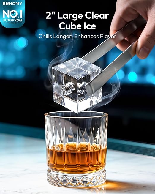 EUHOMY 2'' Clear Ice Cube Maker Countertop with APP, 2 Square Ice Ready in 27 Mins for Whiskey, Slow-Melting & Self-Cleaning, 110 Pcs/Day, 24H Timer, Clear Ice Maker with Ice Tong for Home/Bar/Party