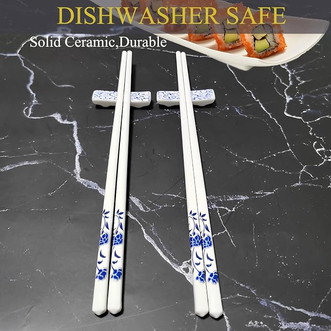 Ceramic Chopsticks Reusable with Porcelain Holder 2 Pairs Blue Rose | Delicate Box,Blue and White Porcelain,Gift set,Dishwasher Safe,Easy to clean,Cooking chopsticks