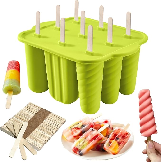 9 Cavity Popsicles Molds with 50pcs Wooden Sticks, Silicone Popsicle Molds, BPA Free Popsicle Maker Mold, Reusable Homemade Ice Pop Mold, Easy-Release Ice Cream Mold for Kids Adult