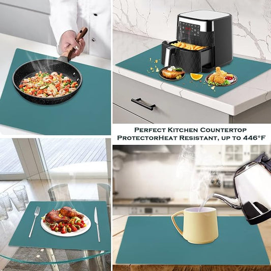 Extra Large Dark Green Countertop Mat - Silicone Table Kitchen Desk Mat - Non-Slip & Heat Resistant - Dinner Placemat Pastry Dough Rolling Mat