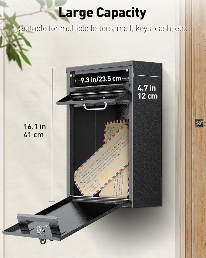 Uniclife Wall Mount Mailbox for Outside, Locking Mailbox with Key Lock | Anti-Theft Function, Heavy Duty, Large Mailbox with Key Lock, Safe Key Drop Box, Steel Cash Drop Box for Home Office, Black